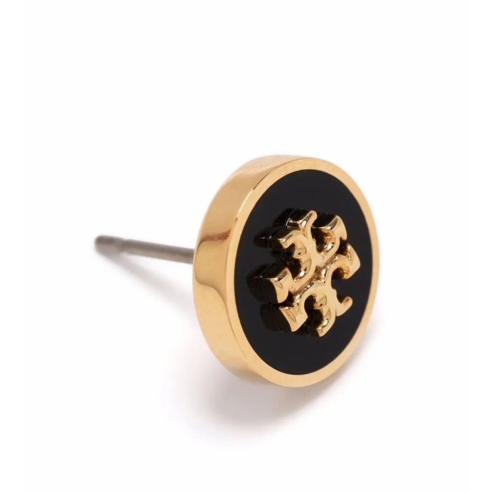 Tory Burch - Kira Gold and Black enameled Two-Tone Round Logo Stud Earrings, EUC - Picture 8 of 10